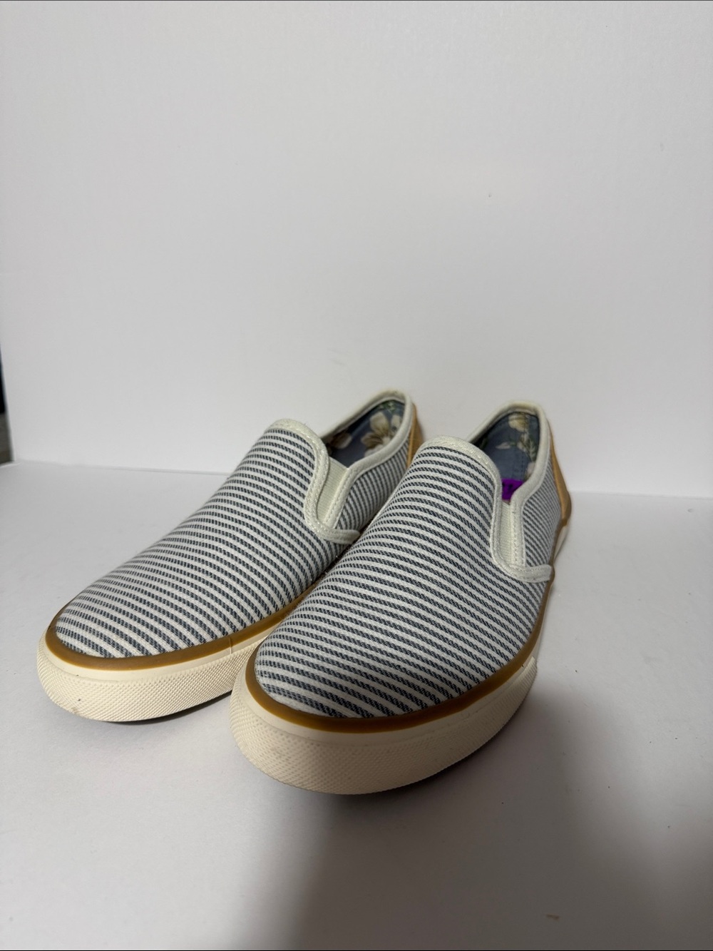Margaritaville Navy & White Striped Slip-On Sneakers with Tan Trim